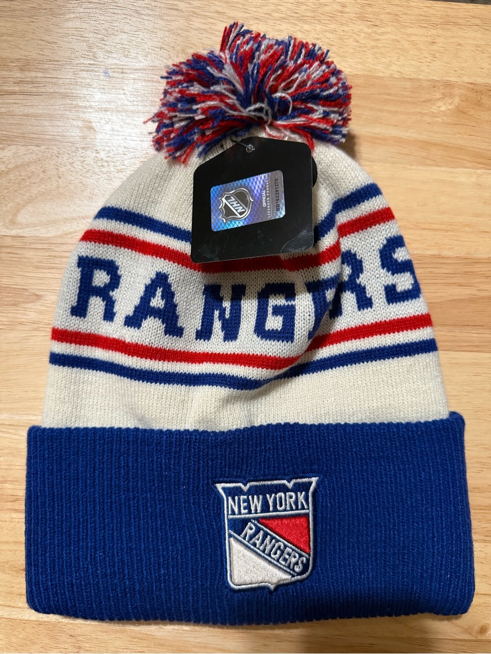 New York Rangers Adult Pom Beanie Hat - Blue/White/Red